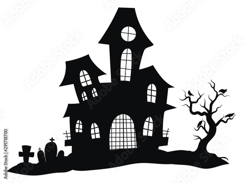 Silhouette of a mystical castle. Vector illustration of a haunted house for Halloween. Tattoo.