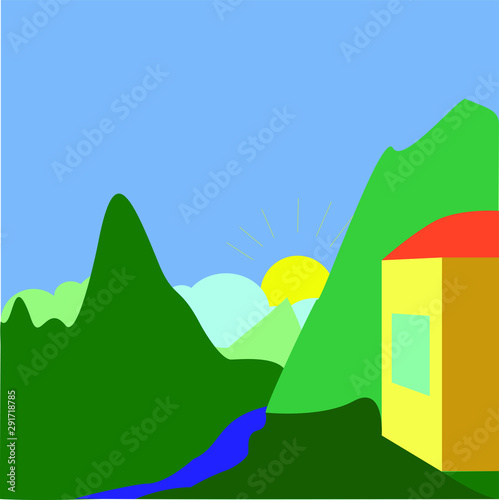 Blue sky  green trees  a mountain in the distance  a simple house with a window. For social networks  printing on clothes  bag  on fabric  on paper. Can be used as a print or a coloring book.