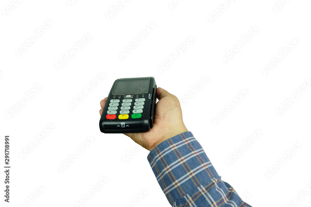 Hand of business man is holding POS Terminal Credit Card Machine isolated on white background. Hand of business man is holding POS Terminal Credit Card Machine isolated on white background.