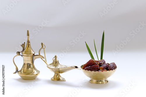 Ramadan kareem with premium dates and arabic coffee mug
