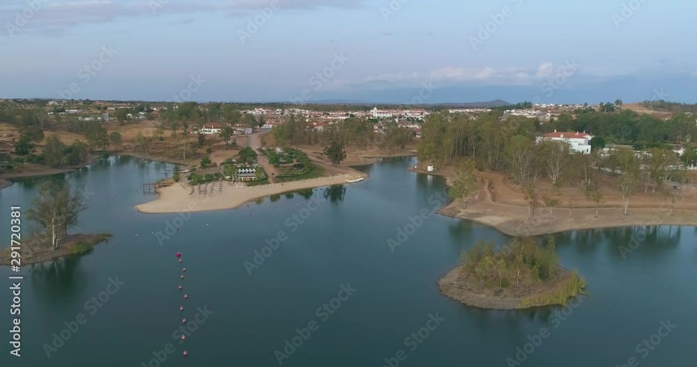 Aerial Dusk view of Mina de Sao Domingos, Tapada Grande River Beach lagoon, famous tourist destination, Alentejo, Portugal. Aerial Dusk view of Mina de Sao Domingos, Tapada Grande River Beach lagoon, famous tourist destination, Alentejo, Portugal.