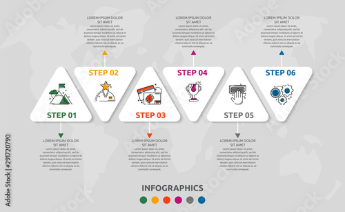 Vector infographic template with triangles and six arrows. Business geometric concept with 6 options, parts, steps. Used as timeline, workflow, presentation, diagram, flyers, banner, chart