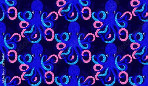 Vector seamless pattern with octopus. Cute cartoon character. Colorful marine life. Underwater creatures. Design for attributes of water park, aquarium. Wrapping paper, package, wallpaper, textile