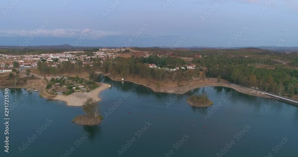 Aerial Dusk view of Mina de Sao Domingos, Tapada Grande River Beach lagoon, famous tourist destination, Alentejo, Portugal. Aerial Dusk view of Mina de Sao Domingos, Tapada Grande River Beach lagoon, famous tourist destination, Alentejo, Portugal.