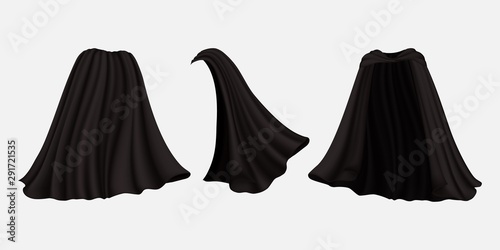 Realistic black cloak set, vector isolated illustration