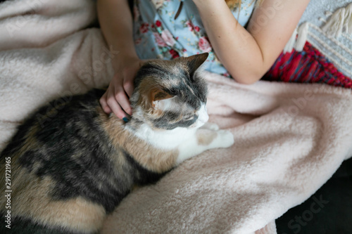 Girl cuddle with her cat while drinking coffee, sitting on couch, cozy