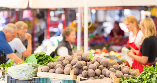 Obraz na plátně Farmers' market stall with variety of organic vegetable.