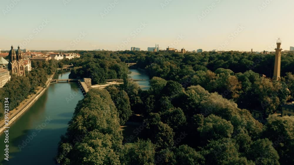 Aerial view of the River Isar and the dam within city limits of Munich, Germany