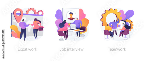 Employment stages icons set. Recruitment service searching candidates. Coworkers business meeting. Expat work, job interview, teamwork metaphors. Website web page template - concept metaphors.