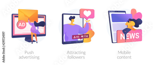 Social media blogger earnings icons set. Ad revenue, network page promotion ways. Push advertising, attracting followers, mobile content metaphors. Vector isolated concept metaphor illustrations.