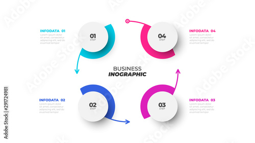 Business process. Vector design template with cycle and abstract circles element with 4 options, arrows, steps.