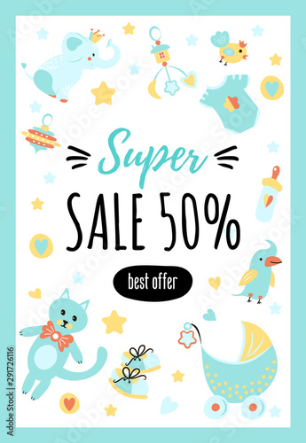 Design template card for the baby shop with text "Super. Sale 50%. Best offer".