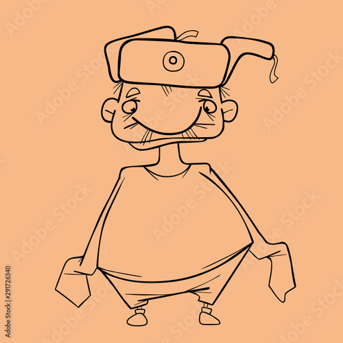sketch of cartoon character in vest and hat with earflaps