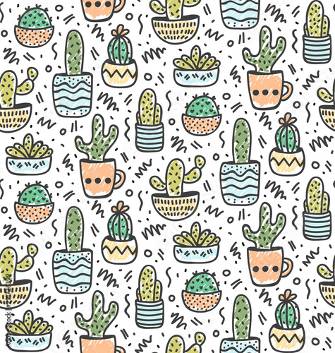 Cactus flowerpots succulent plants doodleline seamless vector pattern