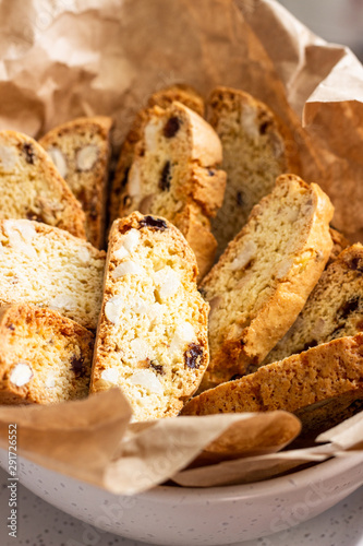 Traditional italian cookies biscotti (cantucci or cantuccini) with hazelnuts. 
