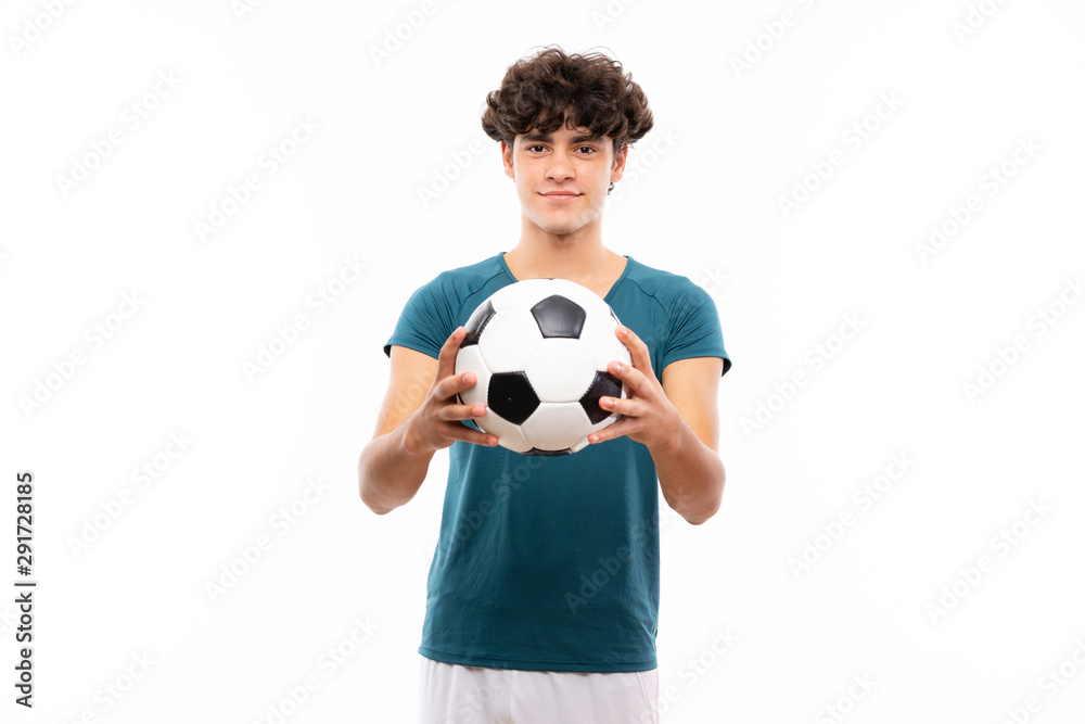 Young football player man over isolated white wall