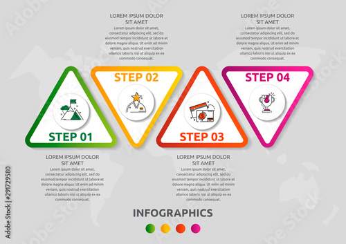 Vector infographic template with triangles and four circles. Business geometric concept with 4 options, parts, steps. Used as timeline, workflow, presentation, diagram, flyers, banner, chart