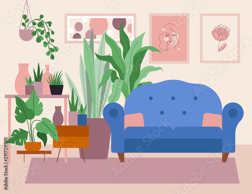 Vector illustration in tredny flat simple style - cozy living room interior with houseplants and home decor - Scandinavian hygge concept