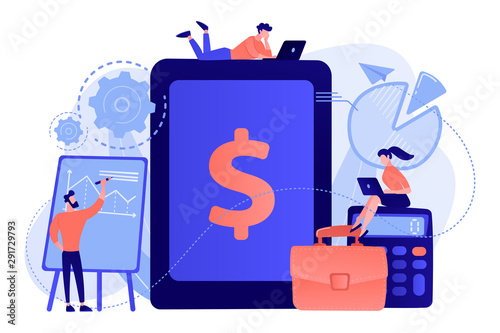 Accountants work with financial transactions software and tablet. Enterprise accounting, IT accounting system, smart enterprise tools concept. Pink coral blue vector isolated illustration