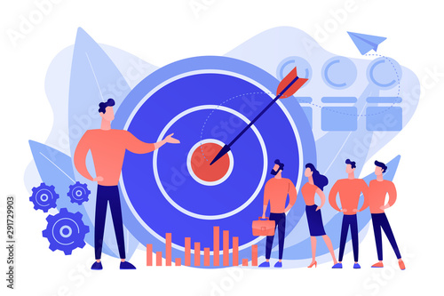 Big target, manager and employees engaged in company goals. Internal marketing, company goals promotion, employee engagement concept. Pink coral blue vector isolated illustration