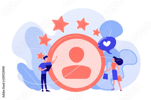 Marketer measuring customer satisfaction and rating stars. Satisfaction and loyalty analysis, customer retention increasing, marketing tools concept. Pink coral blue vector isolated illustration
