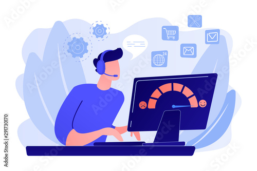 Clients assistance, call center, hotline operator, consultant manager. Customer care, seamless and personalized service, customer experience concept. Pink coral blue vector isolated illustration
