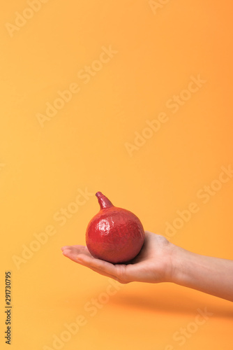 cropped view of woman holding red painted pumpkin on orange colorful background