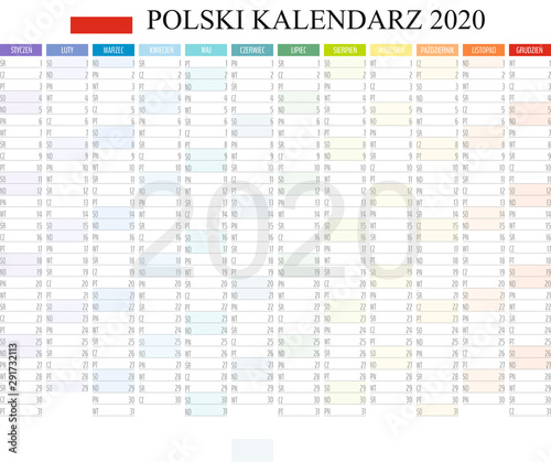 Polish Calendar 2020, Kalendarz polski 2020, monthly planning, color calendar template for year 2020, weeks, months, Polish Language, set of 12 months, printable calendar vector illustration
