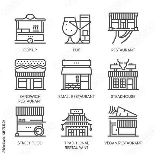 Restaurant types related, square line vector icon set for applications and website development. The icon set is pixelperfect with 64x64 grid. Crafted with precision and eye for quality.