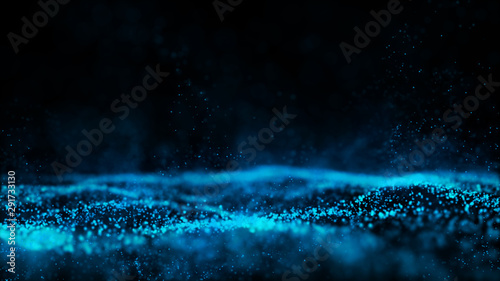 dark blue background.Light Illuminating Blue Glitter Particles abstract futuristic with bokeh background. Future technology. Abstract futuristic. 3D rendering.