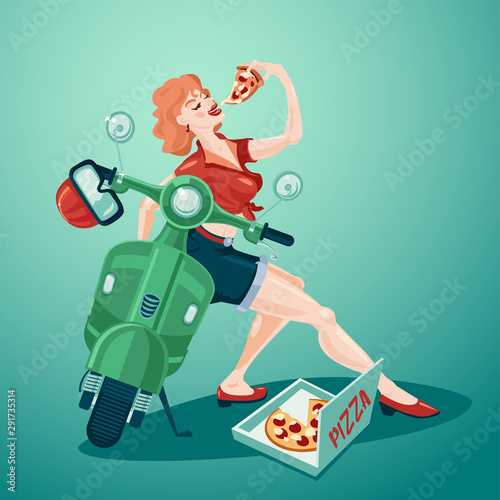 Pizza delivery. Pin up style young girl with scooter and pizza slice. Vintage vector illustration.