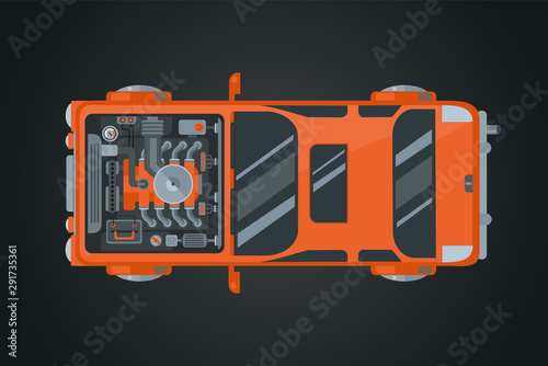 Car top view. Auto vehicle vector illustration. Automobile infographic. Open transportation engine.