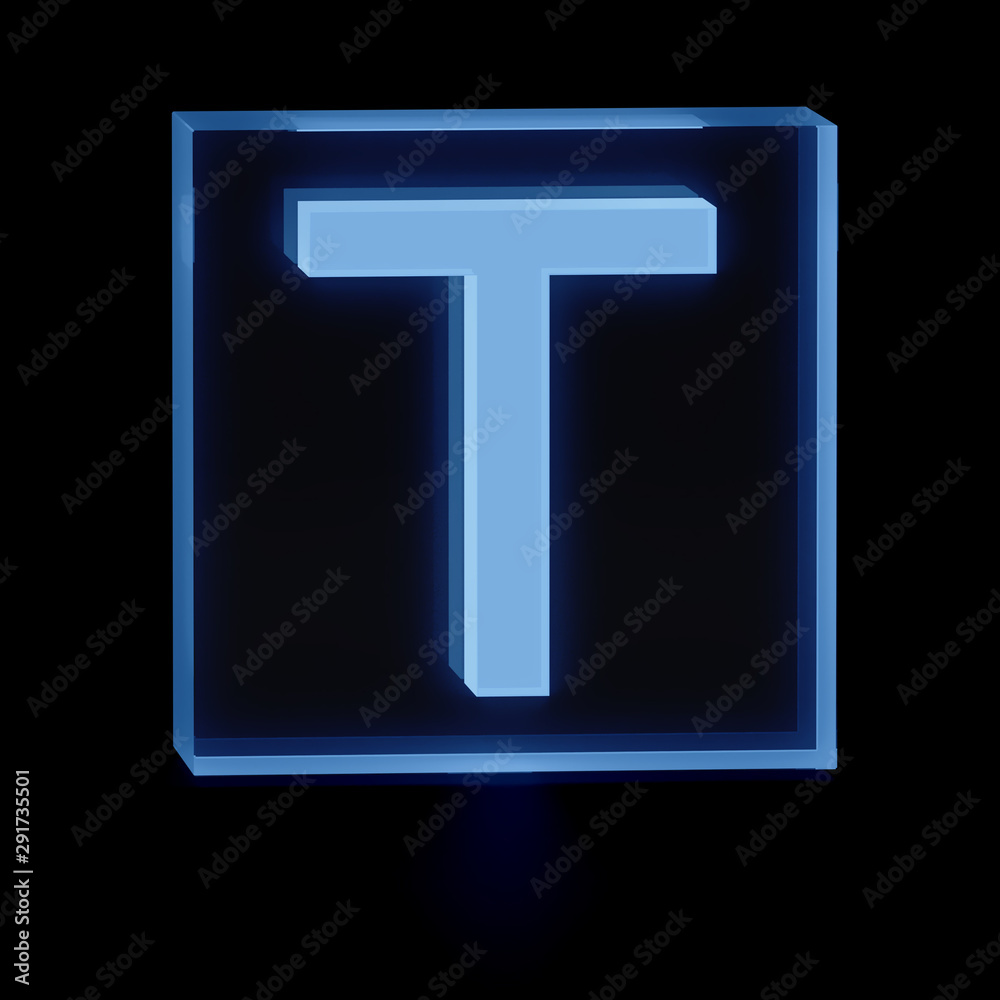 Clear transparent glass or plexiglass display with luminous capital letter T inside on dark background, 3D rendered image Clear transparent glass or plexiglass display with luminous capital letter T inside on dark background, 3D rendered image