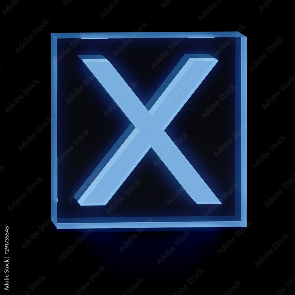 Clear transparent glass or plexiglass display with luminous capital letter X inside on dark background, 3D rendered image Clear transparent glass or plexiglass display with luminous capital letter X inside on dark background, 3D rendered image