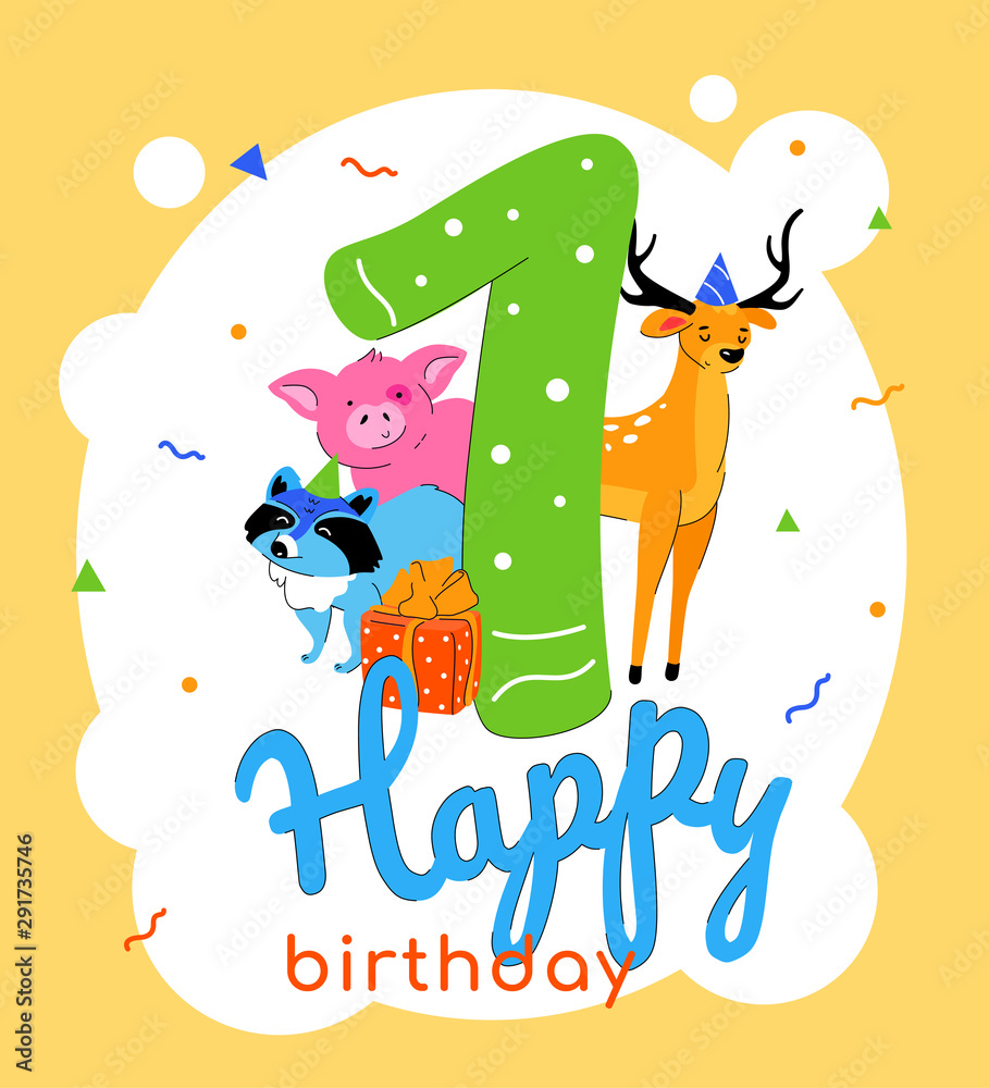 Children 1st birthday greeting card vector template Stock Vector ...