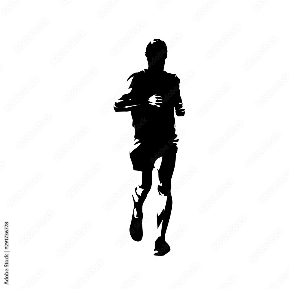 Marathon runner, isolated vector silhouette, front view. Running athlete