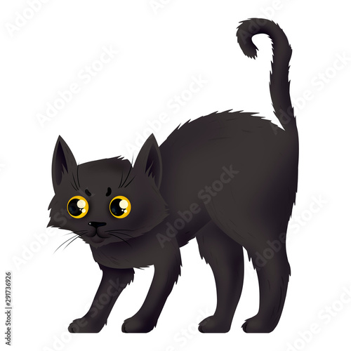 A frightened black cat. Witch's helper. Illustration