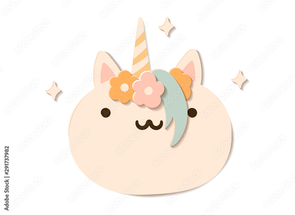 Flat paper cut style pumpkin dressed as unicorn in flower wreath. Hand drawn vector illustration. Cartoon cute character Flat paper cut style pumpkin dressed as unicorn in flower wreath. Hand drawn vector illustration. Cartoon cute character