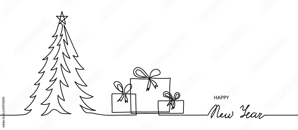 Minimal Happy New Year banner, background. One, continuous line drawing New  Year simple banner with christmas tree and presents. Stock Vector | Adobe  Stock