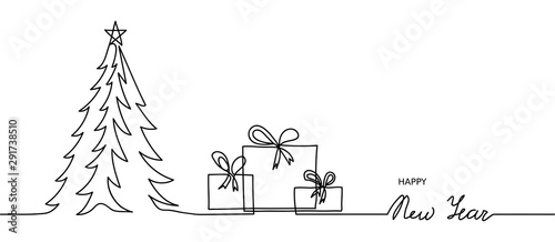 Minimal Happy New Year banner, background. One, continuous line drawing New Year simple banner with christmas tree and presents. 