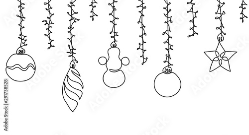 Christmas decorations, christmas toys simple contour. Seamless vector border on white background. One continuous line vector drawing, background, banner, illustration