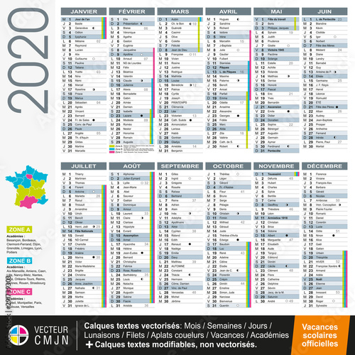 Calendrier français 2020 avec vacances scolaires officielles