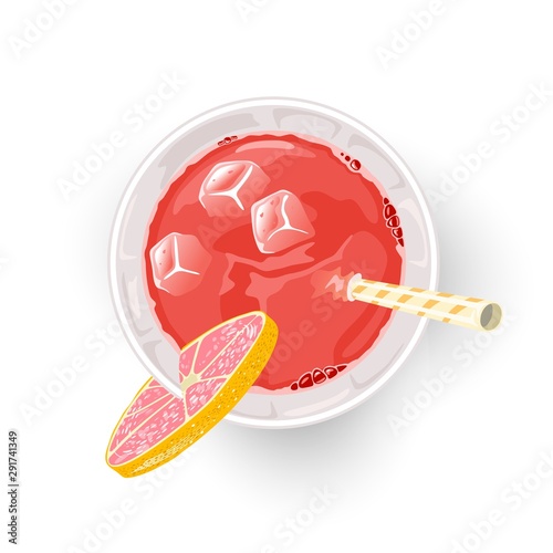 Red drink from freshly squeeze grapefruit juice and other ingredient in glass cup with ice cubes, straw. Alcoholic cocktail or mocktail. Vector cartoon illustration isolated on white. Top view.