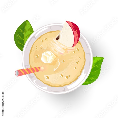 Beverage from freshly squeeze fruit juice and other ingredient. Alcoholic cocktail or mocktail with wedge of apple, ice cube and straw in glass served with green leaves. Vector cartoon. Top view.