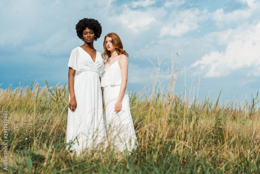 young attractive and multicultural women standing in field young attractive and multicultural women standing in field