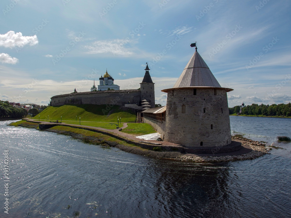Watchtower and wall of the Pskov Kremlin.
