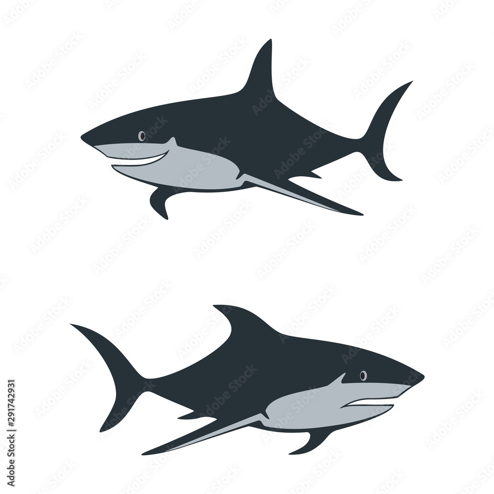 Obraz premium The shark is smiling and the shark is upset. Abstract concept, icon set. Vector illustration on a white background.