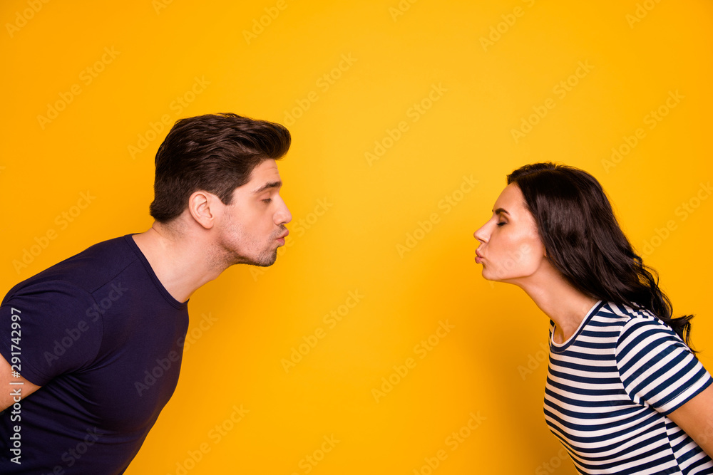 Close-up profile side view portrait of his he her she nice attractive gentle tender affectionate cheerful cheery married spouses kissing closed eyes isolated on bright vivid shine yellow background Close-up profile side view portrait of his he her she nice attractive gentle tender affectionate cheerful cheery married spouses kissing closed eyes isolated on bright vivid shine yellow background