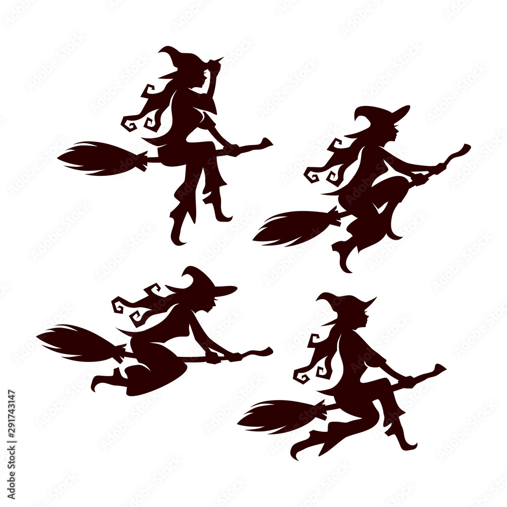 Halloween flying witch vector silhouette set of 4 Halloween flying witch vector silhouette set of 4