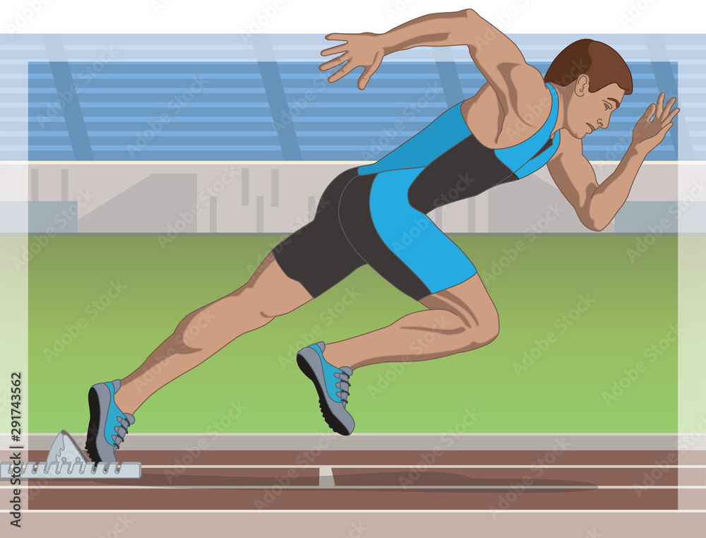 sprint runner, male, racing on track from starting position